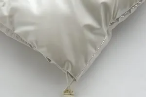 Close-up of metallic finish fabric and drawstring detail on winter puffer jacket