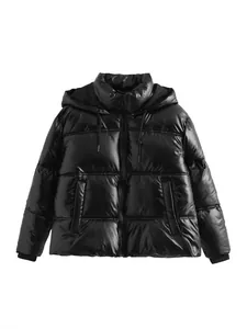 Shiny black hooded puffer jacket for women featuring a glossy finish stylish winter outerwear