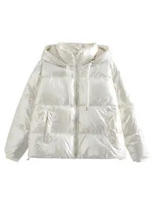 Shiny metallic pearl white hooded puffer jacket for women's autumn winter collection
