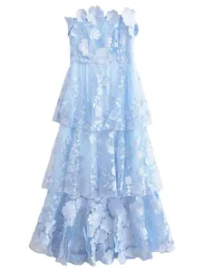 Elegant light blue tiered strapless dress with delicate 3D floral appliqué designs