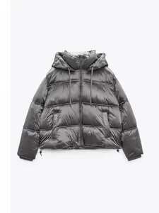 Women's metallic shiny gray hooded puffer jacket winter outerwear 2024 collection