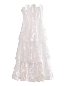 Elegant white strapless maxi dress featuring 3D floral embroidery and a tiered layered skirt
