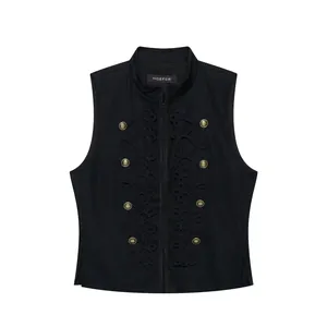Schwarze Weste im Vintage-Stil mit Zierknoten und Metallknöpfen, schmal geschnitten