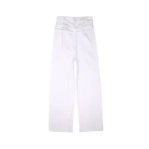 Rear view of white retro wide-leg denim jeans showing pocket details and stitching