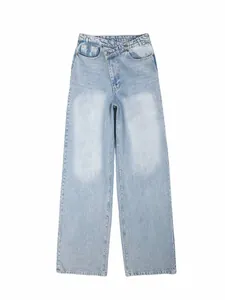 Women's Asymmetric Crossover Waist Wide Leg Jeans Retro Washed Mid Rise Polyester Denim Style Pants Casual Commuter Bottoms