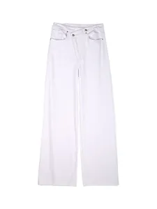 Stylish high-waist white wide-leg jeans featuring a unique asymmetrical double-button waist