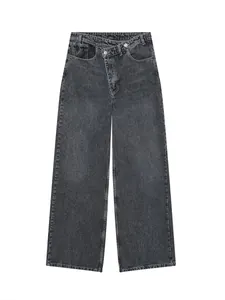 Retro charcoal grey wide-leg denim jeans with unique overlapping waistband design.