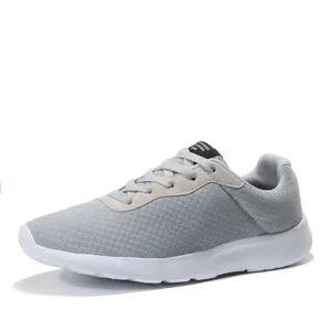 Grey breathable mesh running shoes with white rubber sole for men and women