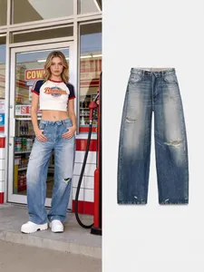 Women's European Style Distressed Jeans Fold Over Waist Wide Leg Denim Trousers Light Blue Spring Streetwear For Ladies