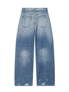 Stylish women's wide-leg jeans with a unique fold-over waist and light blue wash