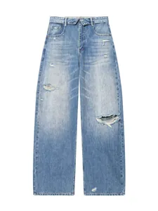 Light wash distressed wide-leg jeans with unique fold-over waistband design