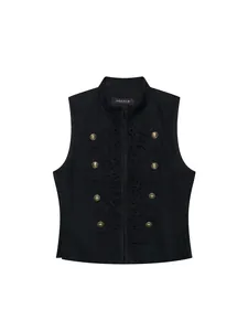 Damen Schlanke Passform Schwarz Weste Top Retro Militärstil Posamenten Antik Kupfer Knöpfe Stehkragen Polyester Ärmellos Top