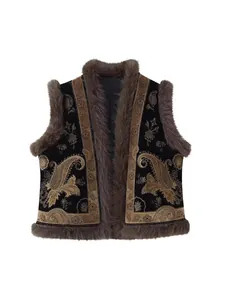 Vintage style black vest with intricate beadwork embroidery and faux fur trim for women.