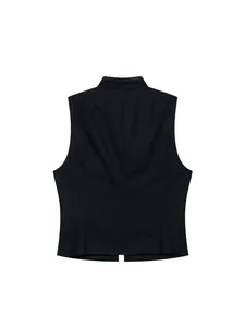 Elegante schwarze schmal geschnittene Weste mit Stehkragen für Damen, Rückansicht