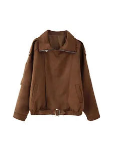 Stijlvol bruin kort jack van imitatiesuède voor dames met rits en gesp detail vintage