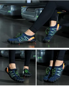Detail view of breathable blue five-finger mesh water shoes for outdoor activities