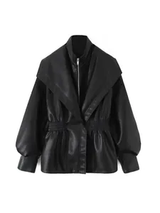 Stylish women's black faux leather jacket with lantern sleeves and a large lapel collar