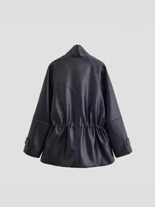 Women's black faux leather jacket with adjustable drawstring waist and high neck back view