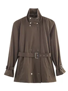 Stylish brown high-collar trench coat with adjustable waist belt for women, 2026 spring style.