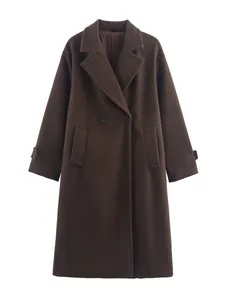 Elegante retro donkerbruine oversized wollen jas voor dames, perfect voor herfst en winter
