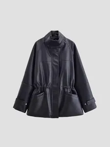 Women's chic black faux leather jacket with adjustable drawstring waist for winter