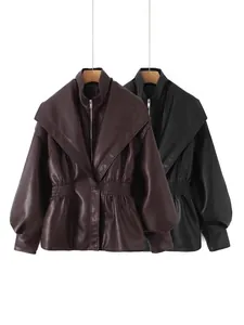 Stylish women's faux leather jacket featuring lantern sleeves and gathered waist design