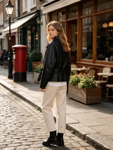 Stylish outdoor full-length view of a black belted faux leather jacket on a female model.