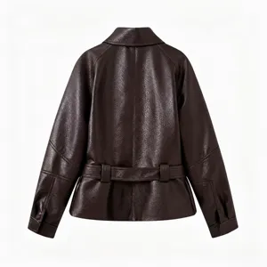 Back view of a dark brown belted short faux leather jacket with classic lapel collar.