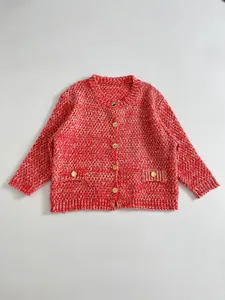 Elegant red and white textured knit cardigan featuring a round neck and gold buttons.