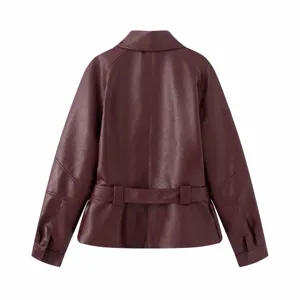 Back view of burgundy faux-leather jacket with waist belt detailing