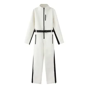 Detailed front view of a white one-piece ski suit with black zippers and a belt.