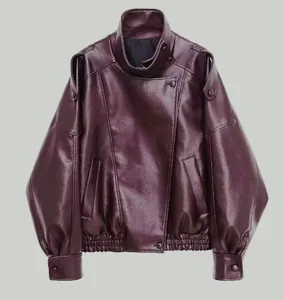 Dunkelviolette Kunstlederjacke mit Lychee-Maserung und hohem Kragen-Design