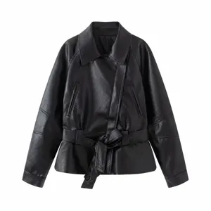Front detail of a stylish black faux leather short trench coat with waist belt for women
