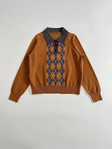 Polo en tricot à carreaux marron pour femme avec motif losange rétro élégant