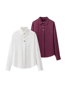 Women Elegant Satin Blouse Long Sleeve Lapel Shirt Top With Gold Buttons Solid Color Minimalist European Style Fashion Streetwear