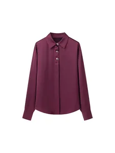 Elegant wine red satin shirt for women with unique gold buttons and classic lapel.