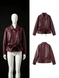 Women European Style Belted Short Artificial Leather Jacket Lapel Solid Color Long Sleeve Slim Fit Autumn Trench Coat Top