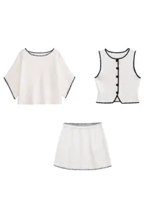 Elegant 3-piece cream knit set with black contrast embroidery: top, vest, and skirt
