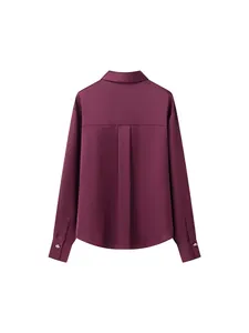Elegant purple satin long sleeve shirt with lapel collar and gold buttons, rear view