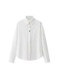 Elegant white satin blouse for women with lapel collar and gold button detail