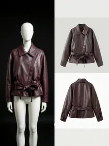 Chic wine red faux leather short jacket for women featuring a tied waist belt and lapel collar