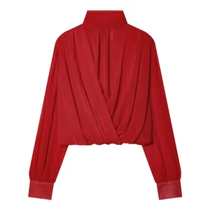 Elegant red chiffon long-sleeved blouse with high stand collar and draped wrap back detail