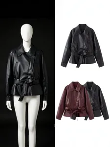 Professional slim fit short faux-leather trench coat with belt in black and burgundy