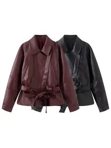 Chic women's faux leather short windbreaker jacket with waist belt in burgundy and black