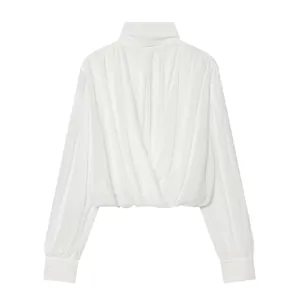 Elegant white long sleeve stand collar draped wrap blouse for women spring fashion