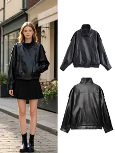 Women's Retro PU Leather Jacket Retro Streetwear Litchi Grain Moto Biker Jacket High Collar Zipper Coat Regular Fit Long Sleeve Outwear For Women