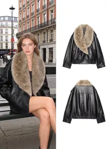 Veste en Similicuir pour Femmes Avec Col en Fausse Fourrure Amovible Top d'Extérieur Oversize à Double Boutonnage pour Automne Hiver