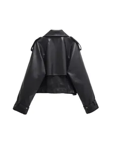 Classic black women's short faux leather biker jacket featuring a back yoke detail