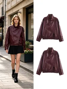 Stylish burgundy faux leather jacket for women featuring high collar and lychee grain texture