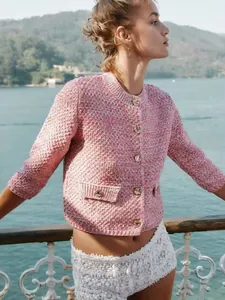 Women French Style Tweed Knit Cardigan Round Neck Gold Metal Buttons Long Sleeve Casual Elegant Polyester Sweater Top